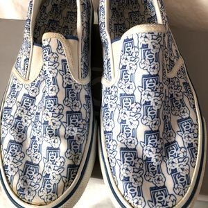 CHANEL Blue and White Camellia Logo Slip-On Flats